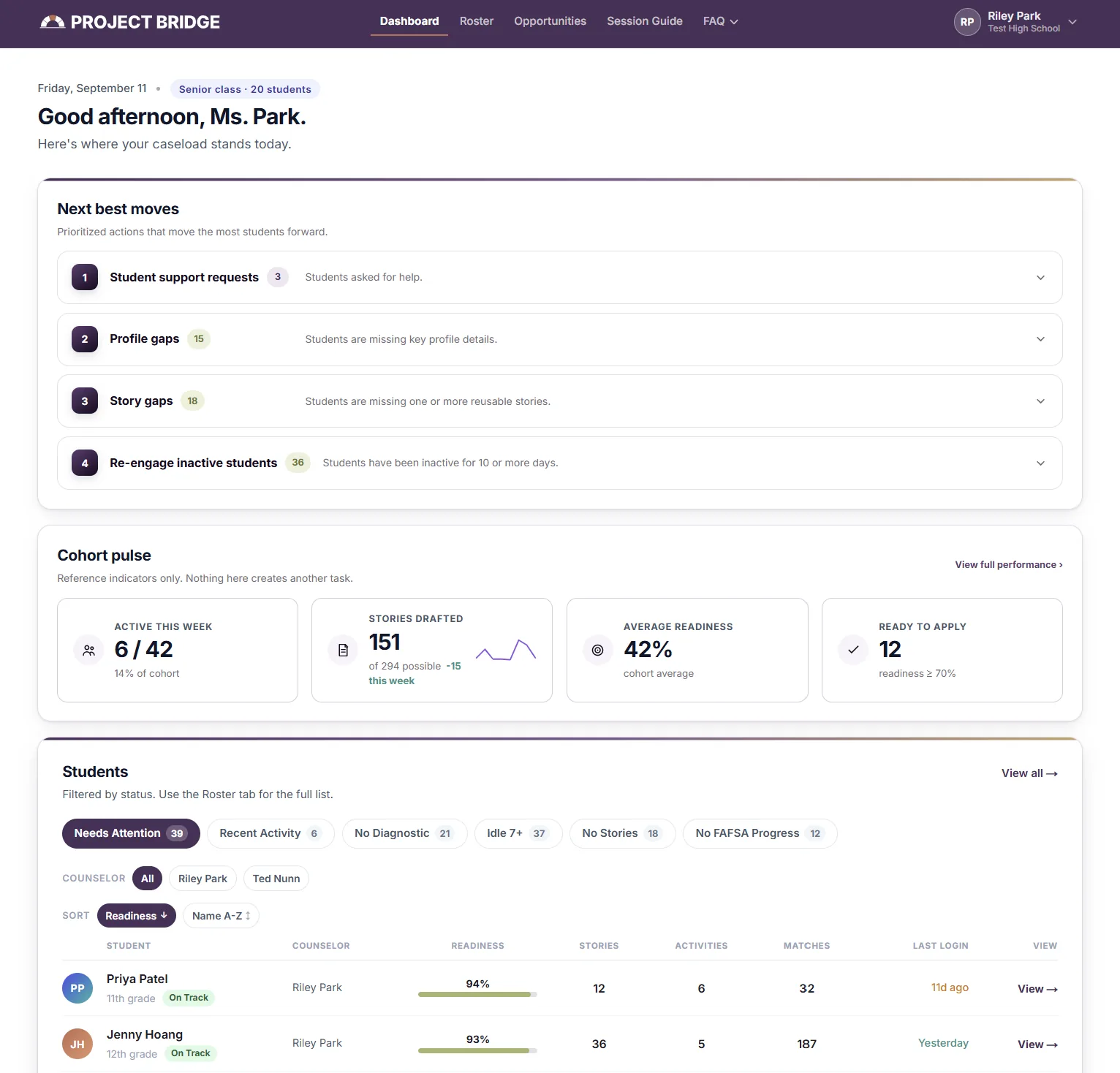 Current Project Bridge counselor dashboard.