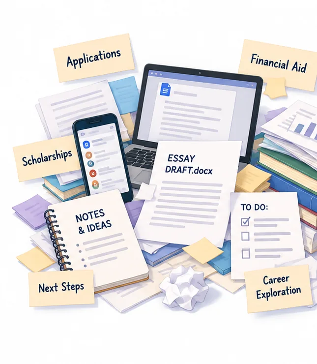 Scattered application, financial aid, scholarship, essay, and next-step materials.
