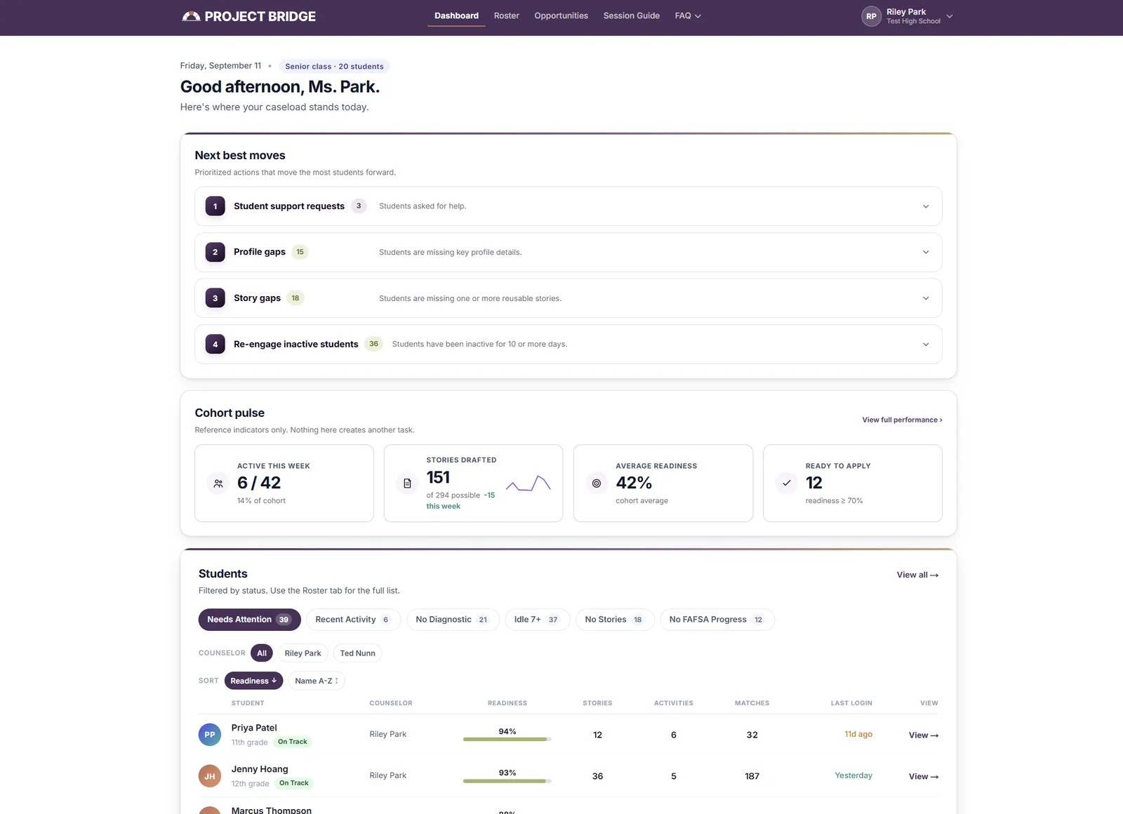 Project Bridge counselor dashboard