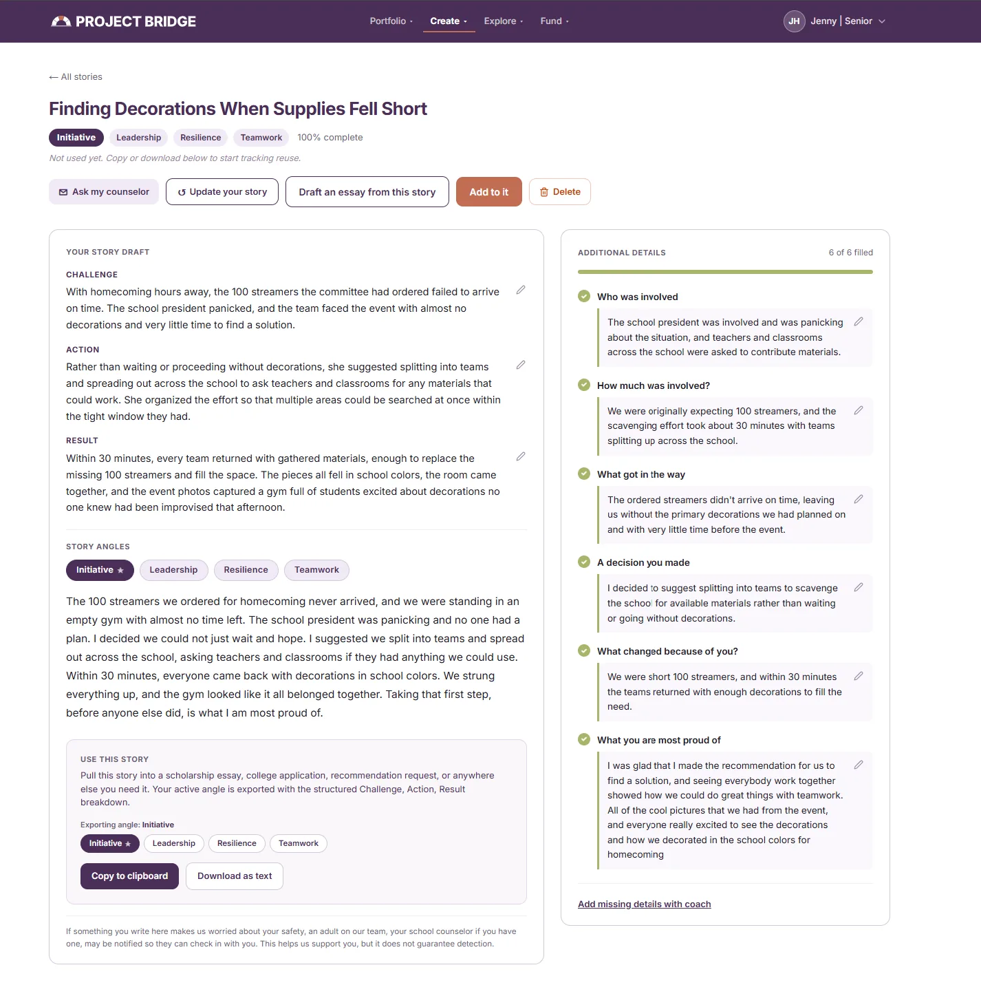 Project Bridge student story page showing a Challenge, Action, Result story and additional details.